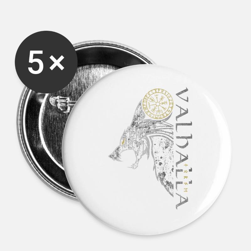Valhalla Wolf Vegvisir Wikinger Runenkompass - Buttons groß 56 mm (5er Pack) - Weiß