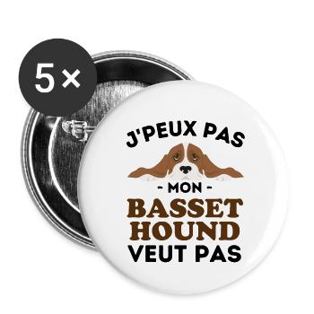 Chien de Race Basset Hound - Lot de 5 grands badges (56 mm) - blanc - Devant