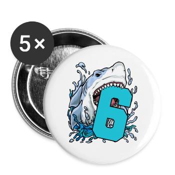 6. Geburtstag 6 Hai - Buttons groß 56 mm (5er Pack) - Weiß - Vorne