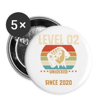 Level 02 Jahr unlocked Gaming Geburtstagsgeschenk - Buttons groß 56 mm (5er Pack) - Weiß - Vorne