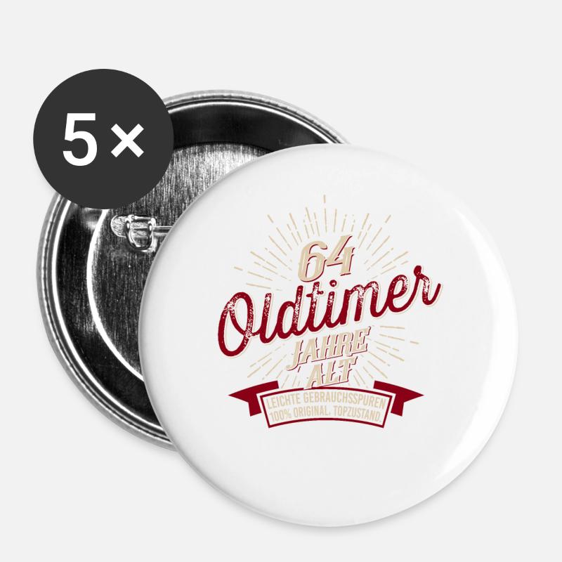 64. Geburtstag Oldtimer - Buttons groß 56 mm (5er Pack) - Weiß
