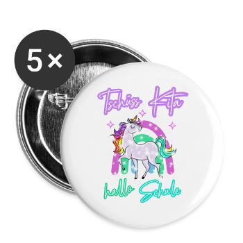 Tschüss Kita! hallo Schule Regenbogen Einhorn - Buttons groß 56 mm (5er Pack) - Weiß - Vorne