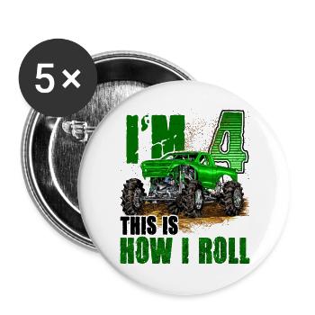 Kinder 4. Geburtstag Monster Truck für Jungen & Mädchen 4 - Buttons groß 56 mm (5er Pack) - Weiß - Vorne