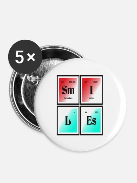 Lächelt | Periodensystem der Elemente - Buttons groß 56 mm (5er Pack) - Weiß