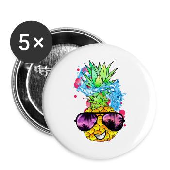 spritzige Ananas Frucht mit Gesicht - Buttons groß 56 mm (5er Pack) - Weiß - Vorne