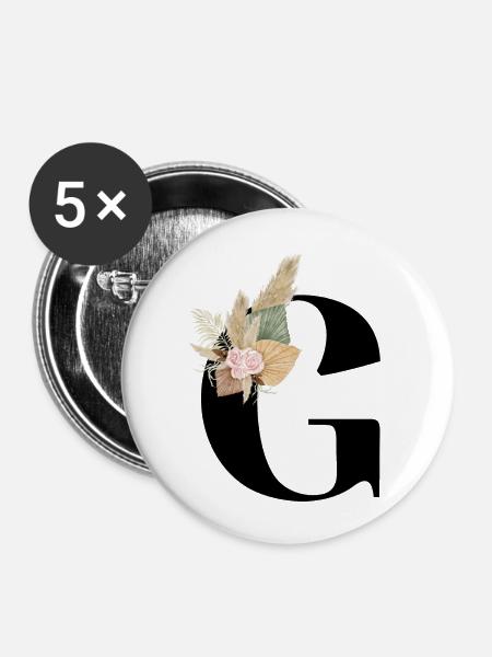 Buchstabe G blumig - Buttons groß 56 mm (5er Pack) - Weiß