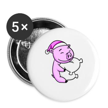 Cochon avec oreiller et bonnet de couchage - Lot de 5 grands badges (56 mm) - blanc - Devant