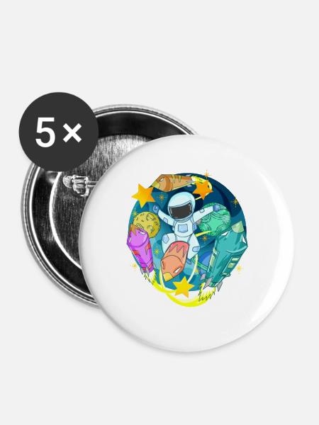 Astronaut im Weltall mit Raketen - Buttons groß 56 mm (5er Pack) - Weiß