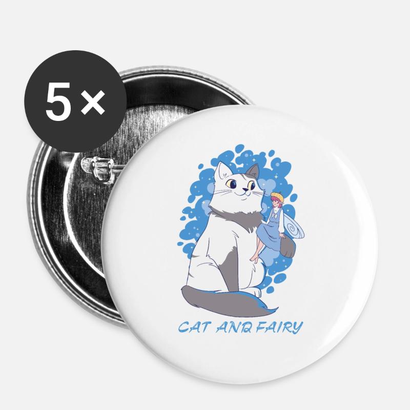 Cat and Fairy - Buttons large 2.2''/56 mm (5-pack) - white