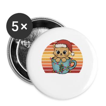Weihnachtskatze Kätzchen mit Weihnachtsmütze Retro - Buttons groß 56 mm (5er Pack) - Weiß - Vorne