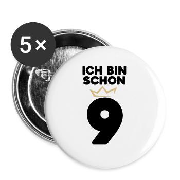 9 Geburtstag - 9 Jahre mit Krone - Buttons groß 56 mm (5er Pack) - Weiß - Vorne
