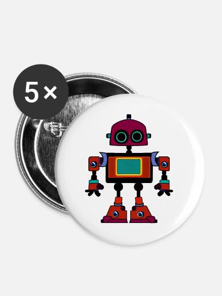 Farbenfroher Retro-Roboter - Buttons groß 56 mm (5er Pack) - Weiß