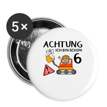 Bagger 6. Geburtstag 6 Jahre Baustelle Geschenk - Buttons groß 56 mm (5er Pack) - Weiß - Vorne
