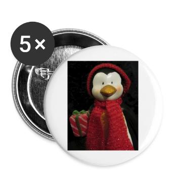 Pingouin avec chapeau, écharpe et cadeau - Lot de 5 grands badges (56 mm) - blanc - Devant