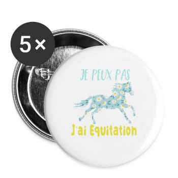 Je peux pas j'ai equitation florale poney cheval - Lot de 5 grands badges (56 mm) - blanc - Devant