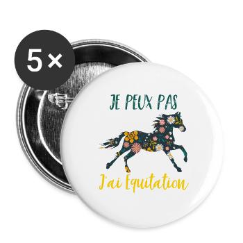 Je peux pas j'ai equitation florale poney cheval - Lot de 5 grands badges (56 mm) - blanc - Devant