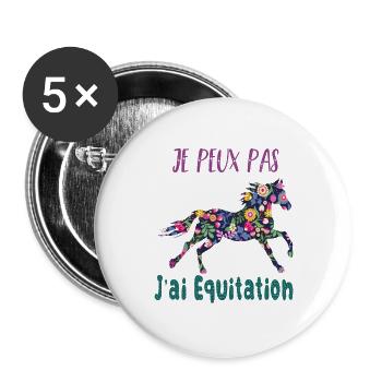 Je peux pas j'ai equitation florale poney cheval - Lot de 5 grands badges (56 mm) - blanc - Devant