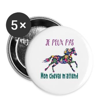 Je peux pas mon cheval m'attend - florale poney - Lot de 5 grands badges (56 mm) - blanc - Devant