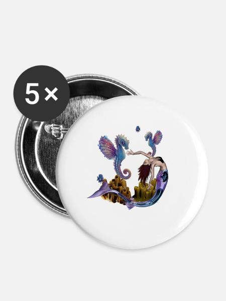 Wunderbare Meerjungfrau mit Seepferdchen - Buttons groß 56 mm (5er Pack) - Weiß
