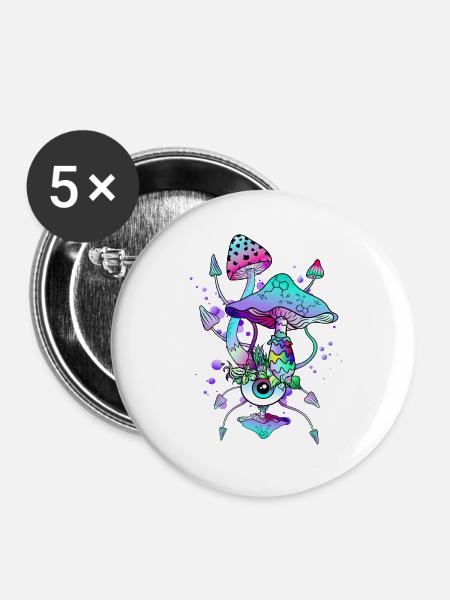 Trippy Neon Psychedelic Mushrooms - Buttons groß 56 mm (5er Pack) - Weiß