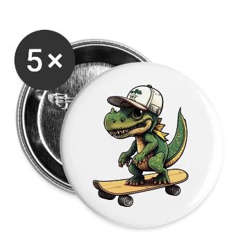 Dino Dinosaurier auf Skateboard mit Mütze Cap - Buttons groß 56 mm (5er Pack) - Weiß - Vorne