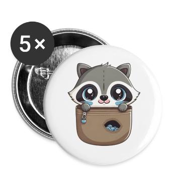 Kawaii Taschen Waschbär - Buttons groß 56 mm (5er Pack) - Weiß - Vorne