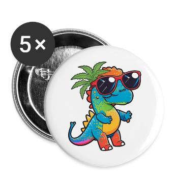 Kawaii Mignon Happy Colorful Dino avec des lunettes de soleil - Lot de 5 grands badges (56 mm) - blanc - Devant