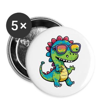 Kawaii Mignon Happy Colorful Dino avec des lunettes de soleil - Lot de 5 grands badges (56 mm) - blanc - Devant