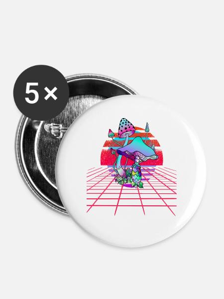 Psychedelische Pilze - Retro Wave Sunset - Buttons groß 56 mm (5er Pack) - Weiß