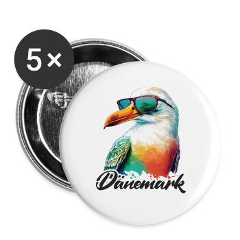 Dänemark Urlaub coole bunte Möwe mit Sonnenbrille - Buttons groß 56 mm (5er Pack) - Weiß - Vorne