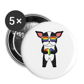 Regenbogen - Hund mit Brille und Herz - Buttons groß 56 mm (5er Pack) - Weiß - Vorne