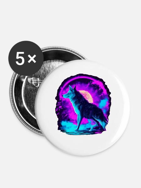 Wolf Neon Illustration Synthwave Art - Buttons groß 56 mm (5er Pack) - Weiß