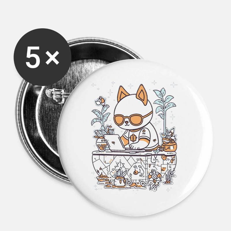 Kawaii Cat at Cozy Desk - Buttons large 2.2''/56 mm (5-pack) - white