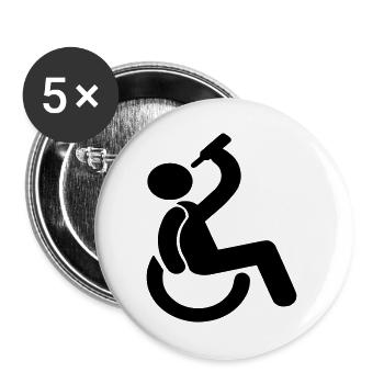 Trinkender Rollstuhlfahrer Humor-Symbol # - Buttons groß 56 mm (5er Pack) - Weiß - Vorne