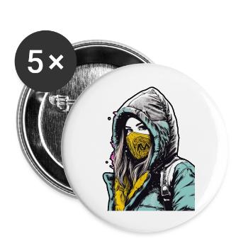 Hood woman wearing a face mask with a yellow - Buttons large 2.2''/56 mm (5-pack) - white - Front