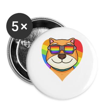 Arc-en-ciel - Chien Shiba Inu avec lunettes et coeur - Lot de 5 grands badges (56 mm) - blanc - Devant