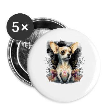 Chihuahua | Niedlicher Hund | Schön | Blumen - Buttons groß 56 mm (5er Pack) - Weiß - Vorne