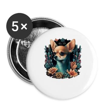 Chihuahua | Niedlicher Hund | Schön | Blumen - Buttons groß 56 mm (5er Pack) - Weiß - Vorne