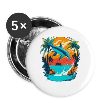 Dolphin with Tropical Sunset - Buttons large 2.2''/56 mm (5-pack) - white - Front