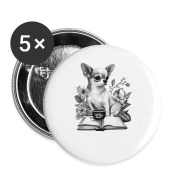 Chihuahua | Book | Coffee | Tea | Reading | - Buttons large 2.2''/56 mm (5-pack) - white - Front