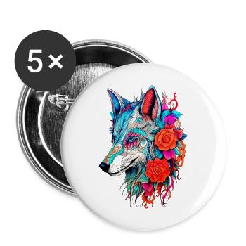 Wolf mit Blumen Mädchen - Buttons groß 56 mm (5er Pack) - Weiß - Vorne