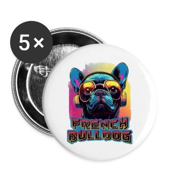 Französische Bulldogge mit Sonnenbrille und Kopfhörern - Buttons groß 56 mm (5er Pack) - Weiß - Vorne