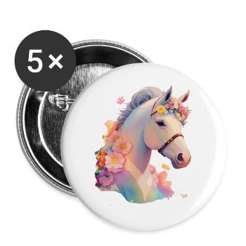 Cheval fleur - Lot de 5 grands badges (56 mm) - blanc - Devant