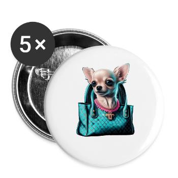 Chihuahua | c Handtasche Welpe Girlie Hunde-Mama - Buttons groß 56 mm (5er Pack) - Weiß - Vorne