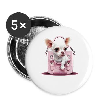 Pink Chihuahua | Rosa Handtasche Welpe Girlie - Buttons groß 56 mm (5er Pack) - Weiß - Vorne
