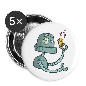 Roboter mit Vogel - Buttons groß 56 mm (5er Pack) - Weiß - Vorne