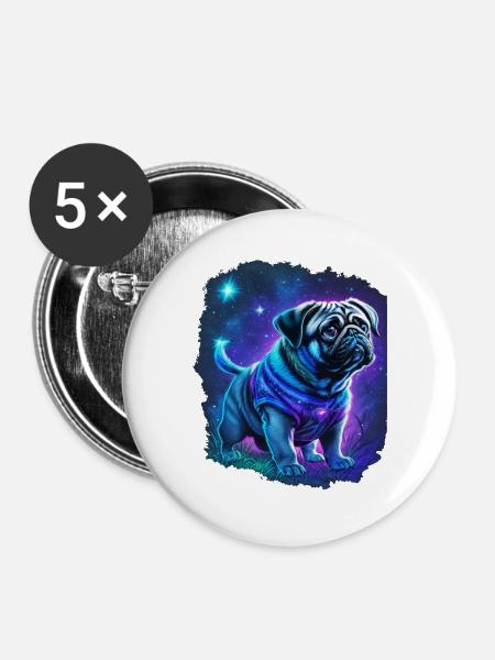 Mystischer Mops Hund - Buttons groß 56 mm (5er Pack) - Weiß