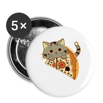Pizza mit Katze - Buttons groß 56 mm (5er Pack) - Weiß - Vorne