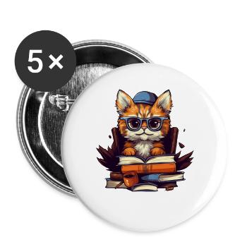 Katze mit vielen Büchern - Buttons groß 56 mm (5er Pack) - Weiß - Vorne