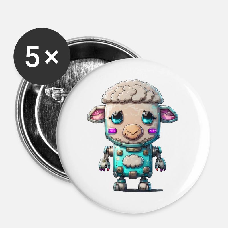 Roboter Schaf - Buttons groß 56 mm (5er Pack) - Weiß
